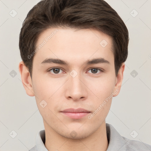 Neutral white young-adult male with short  brown hair and brown eyes