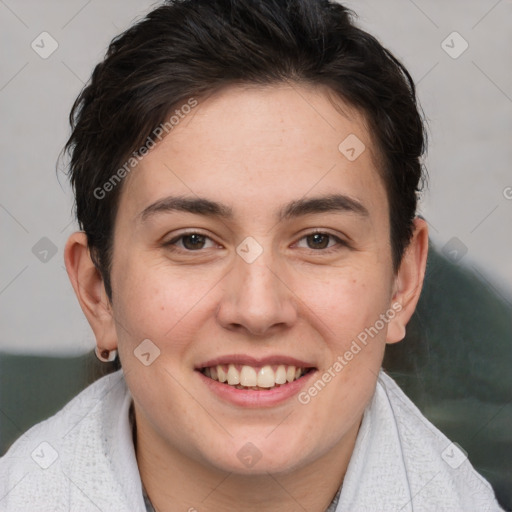 Joyful white young-adult female with short  brown hair and brown eyes