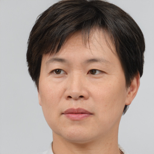 Joyful asian adult male with short  brown hair and brown eyes