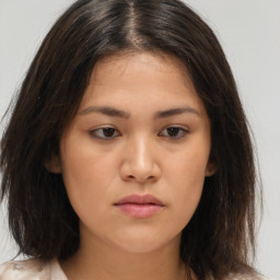 Neutral white young-adult female with medium  brown hair and brown eyes