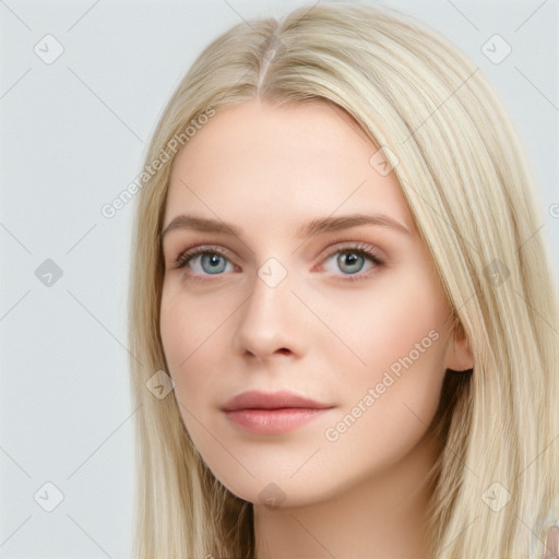 Neutral white young-adult female with long  brown hair and grey eyes