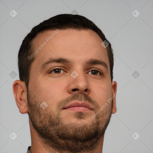 Neutral white young-adult male with short  brown hair and brown eyes