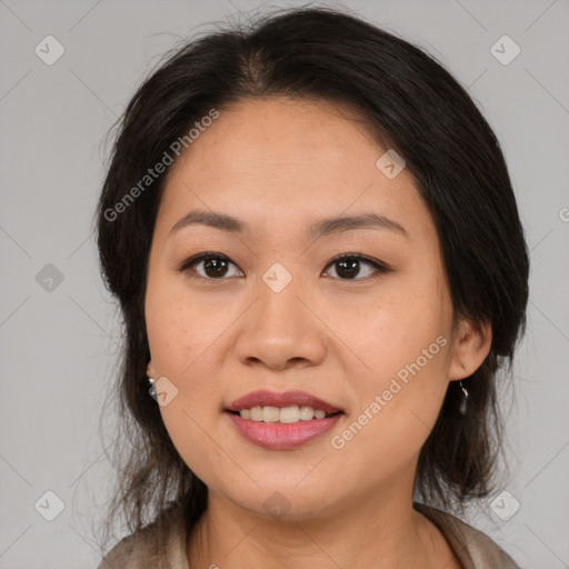 Joyful asian young-adult female with medium  brown hair and brown eyes