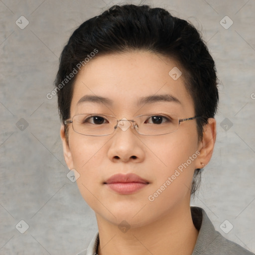 Neutral asian young-adult female with short  brown hair and brown eyes