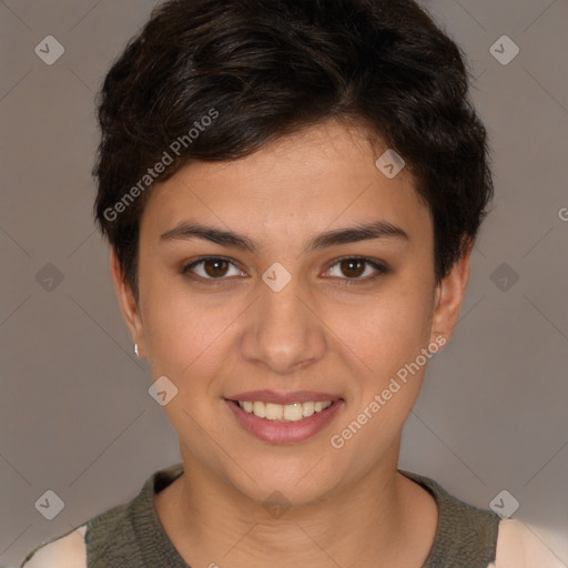 Joyful white young-adult female with short  brown hair and brown eyes