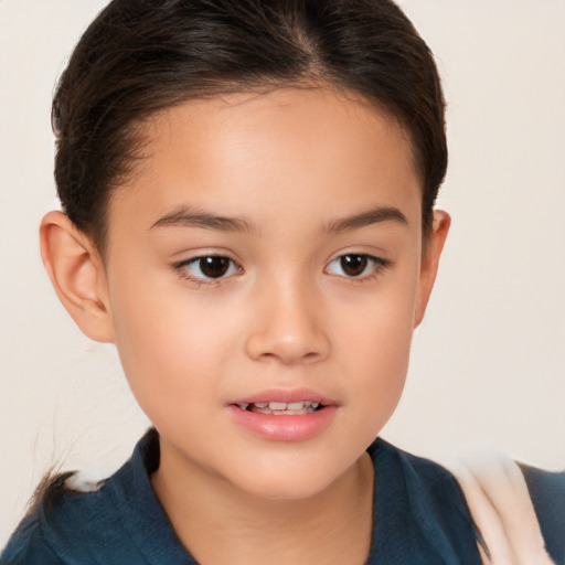 Joyful white child female with short  brown hair and brown eyes