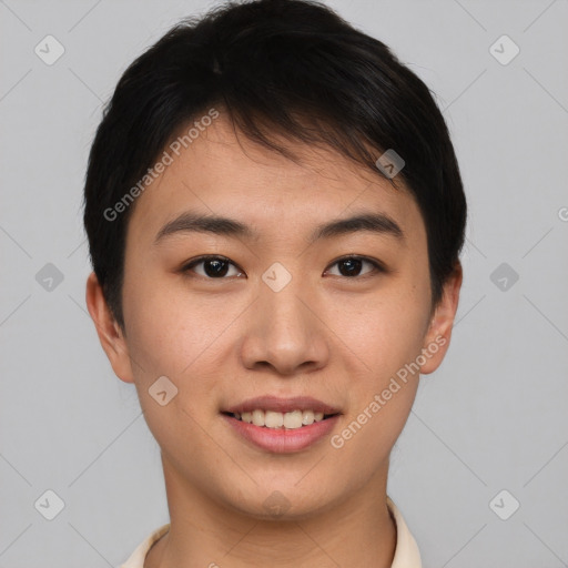 Joyful asian young-adult female with short  brown hair and brown eyes