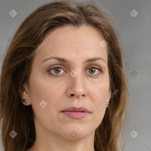 Joyful white young-adult female with long  brown hair and green eyes