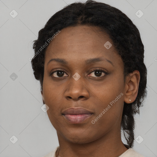 Neutral black young-adult female with short  black hair and brown eyes