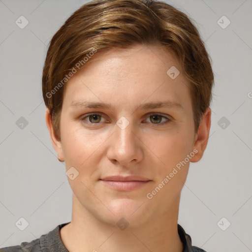 Joyful white young-adult female with short  brown hair and grey eyes