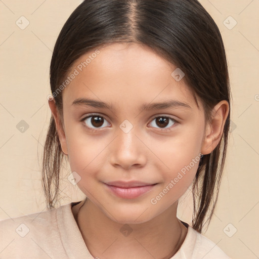 Joyful white child female with medium  brown hair and brown eyes