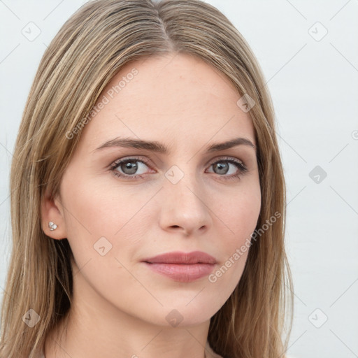 Neutral white young-adult female with long  brown hair and grey eyes