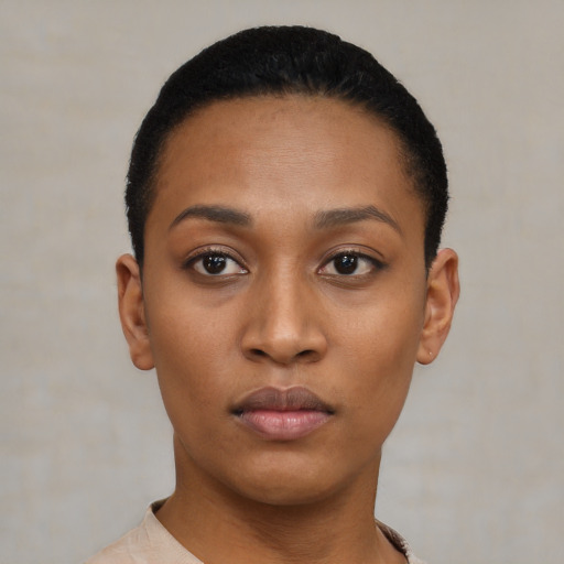 Neutral black young-adult female with short  black hair and brown eyes
