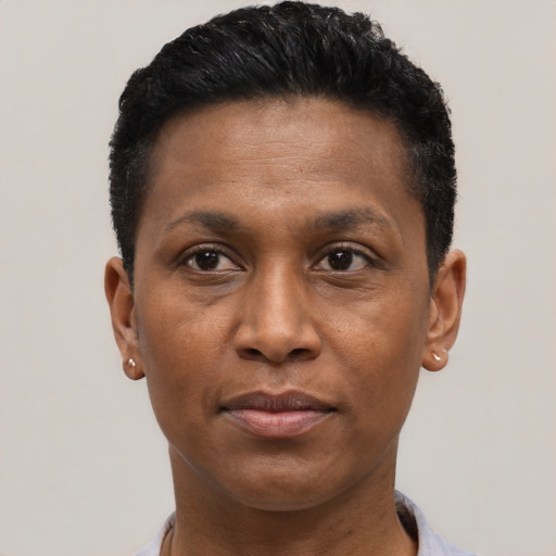Neutral black adult male with short  black hair and brown eyes