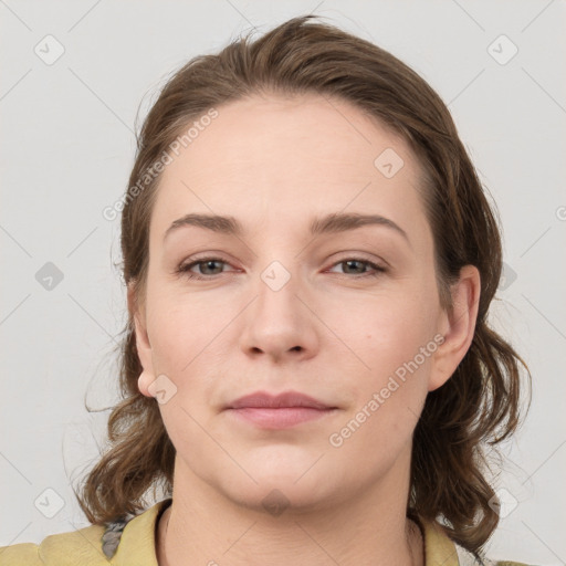 Neutral white young-adult female with medium  brown hair and grey eyes