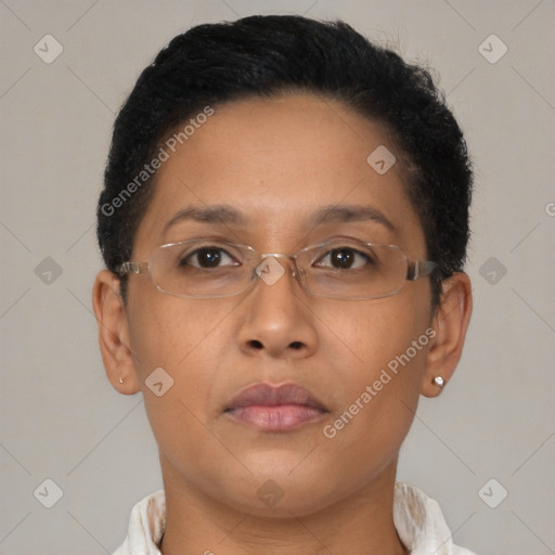 Neutral asian adult female with short  brown hair and brown eyes