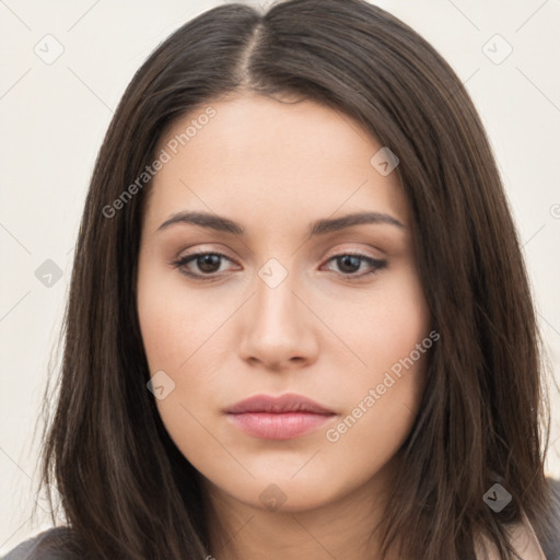 Neutral white young-adult female with long  brown hair and brown eyes