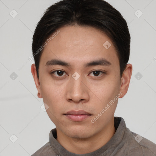 Neutral white young-adult male with short  black hair and brown eyes
