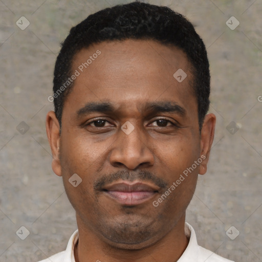 Neutral latino adult male with short  black hair and brown eyes
