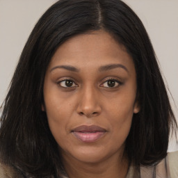 Joyful asian young-adult female with long  brown hair and brown eyes