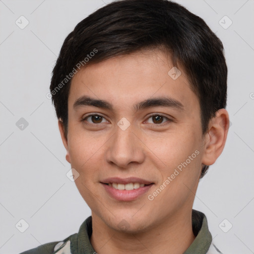 Joyful white young-adult male with short  brown hair and brown eyes