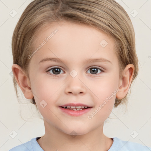 Joyful white child female with medium  brown hair and brown eyes