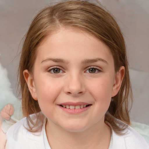 Joyful white child female with medium  brown hair and brown eyes