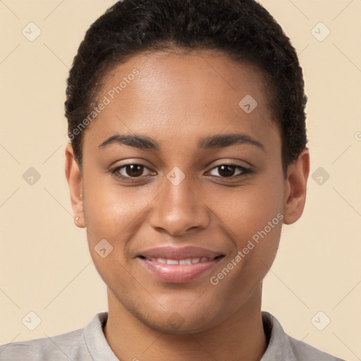 Joyful latino young-adult female with short  brown hair and brown eyes