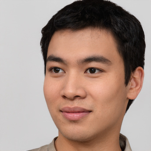 Joyful asian young-adult male with short  black hair and brown eyes