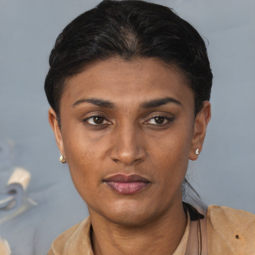 Joyful latino young-adult female with short  brown hair and brown eyes