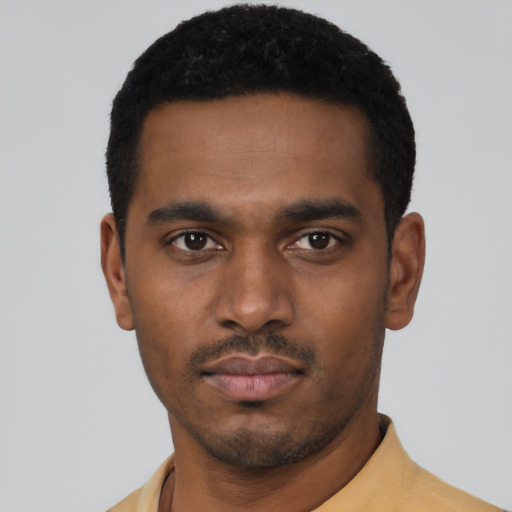 Neutral black young-adult male with short  black hair and brown eyes
