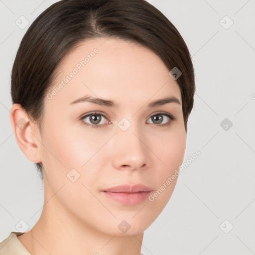 Neutral white young-adult female with short  brown hair and brown eyes