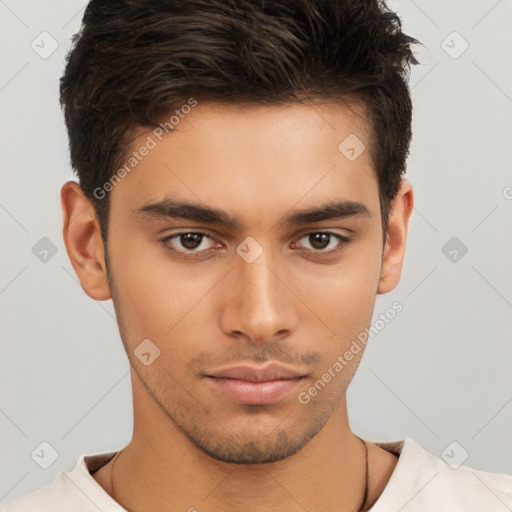 Neutral white young-adult male with short  brown hair and brown eyes