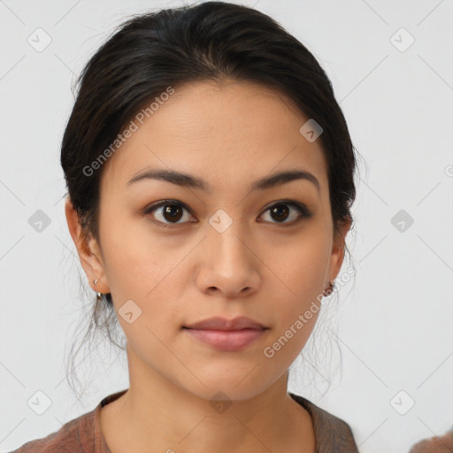 Neutral latino young-adult female with medium  brown hair and brown eyes