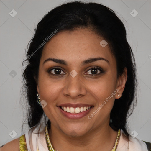 Joyful latino young-adult female with medium  brown hair and brown eyes