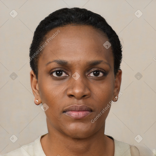 Neutral black young-adult female with short  black hair and brown eyes