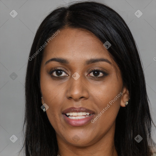 Joyful latino young-adult female with long  black hair and brown eyes