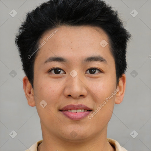 Joyful asian young-adult male with short  brown hair and brown eyes