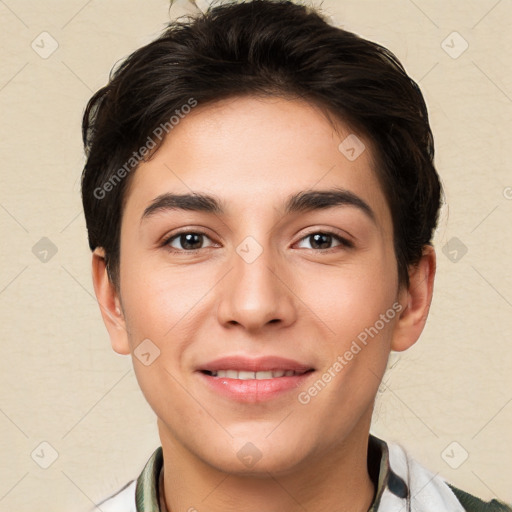 Joyful white young-adult female with short  brown hair and brown eyes