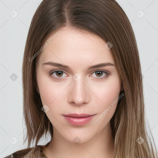 Neutral white young-adult female with long  brown hair and brown eyes