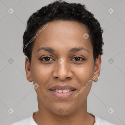 Joyful latino young-adult female with short  black hair and brown eyes