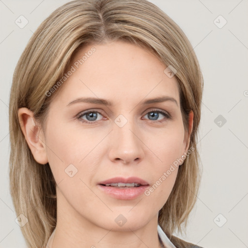 Neutral white young-adult female with medium  brown hair and grey eyes