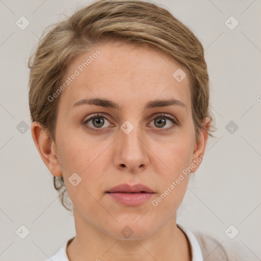 Neutral white young-adult female with medium  brown hair and brown eyes