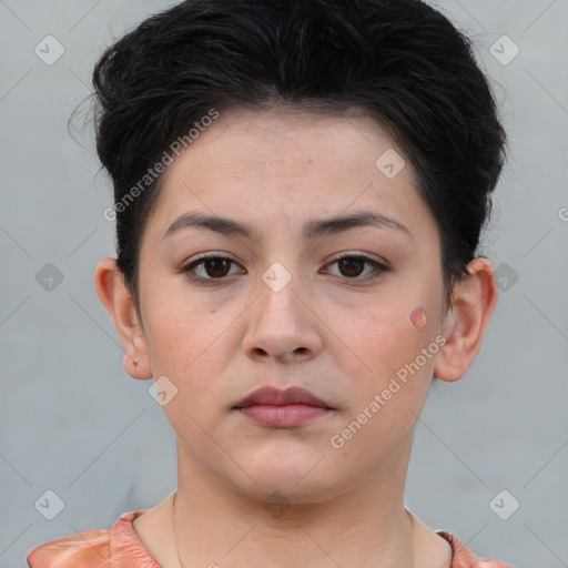 Neutral white young-adult female with short  brown hair and brown eyes