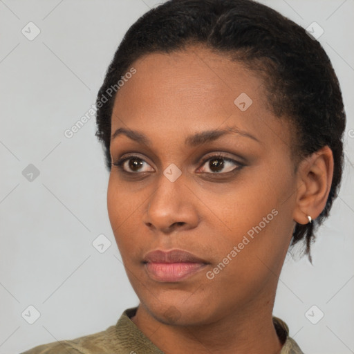 Neutral black young-adult female with short  black hair and brown eyes