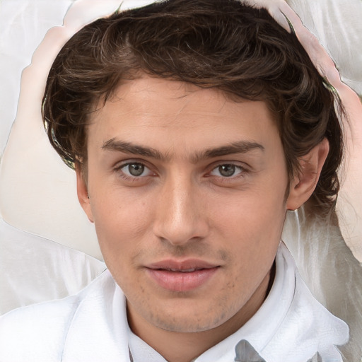 Joyful white young-adult male with medium  brown hair and brown eyes