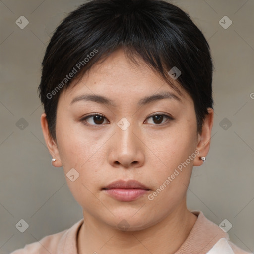 Neutral asian young-adult female with short  brown hair and brown eyes