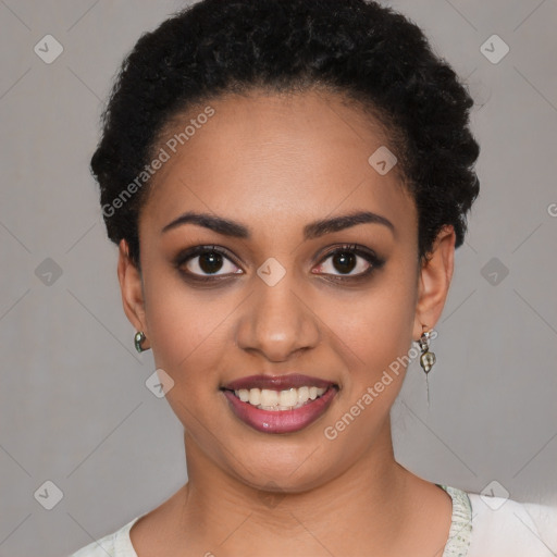 Joyful latino young-adult female with short  black hair and brown eyes