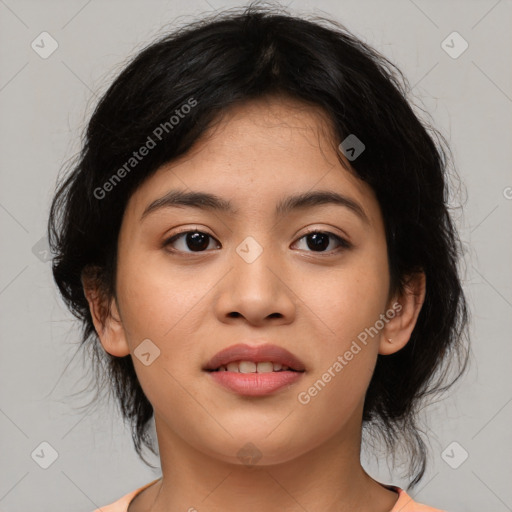 Joyful asian young-adult female with medium  black hair and brown eyes