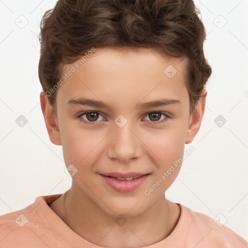 Joyful white child male with short  brown hair and brown eyes